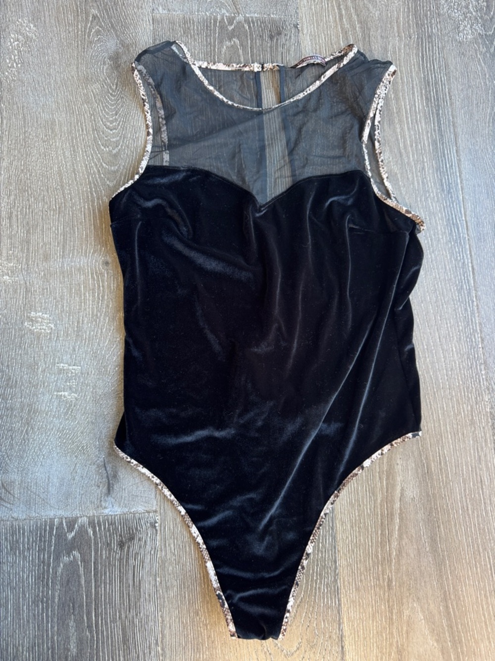 Victoria's Secret Black Sheer Bodysuit with Snake-Print Trim 0463